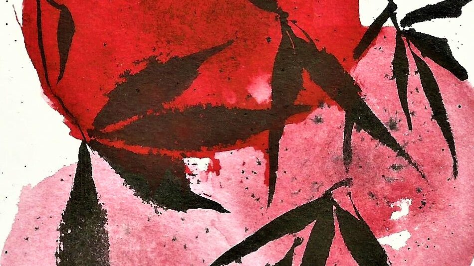 Detail mit roten Farbschattierungen und Tusche in Form von Bambusblättern – Ausdruck von Farbe und Lebensfreude bei boART