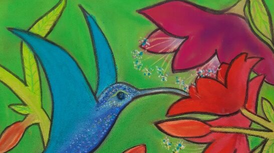Kolibri zwischen leuchtenden Blüten – Symbol für Inspiration, Lebensfreude und Natur in der Kunst von Barbara Ossberger