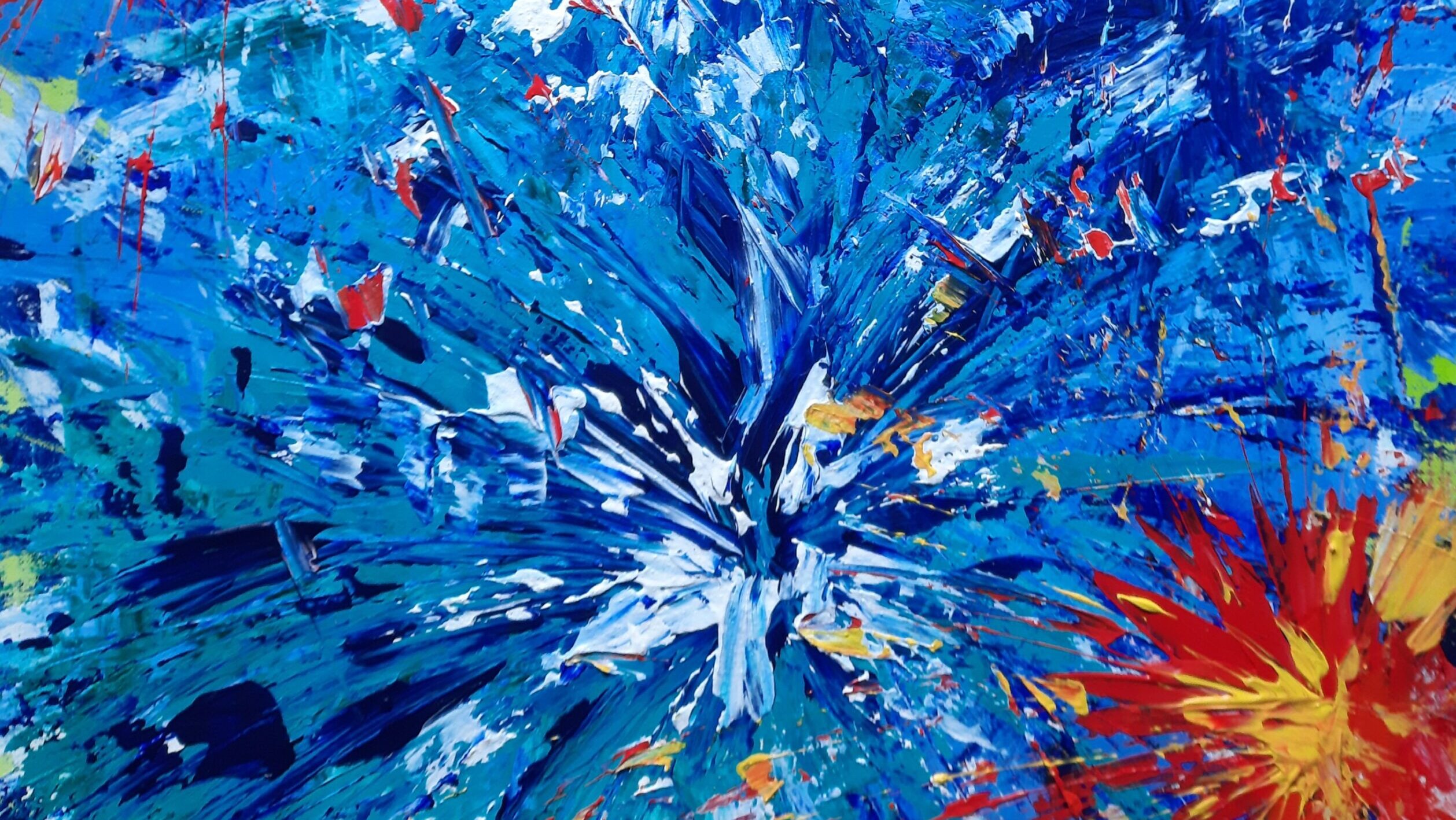 Abstraktes Farbfeuerwerk in Blau, Rot und Gelb – farbintensive Kunst von Barbara Ossberger zum Jahresbeginn