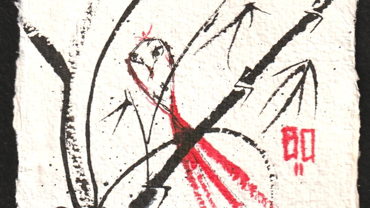 Zarte Tuschezeichnung eines Vogels mit roter Herzensspur – poetisches Motiv für Liebe und inneres Erwachen in der Kunst von Barbara Ossberger