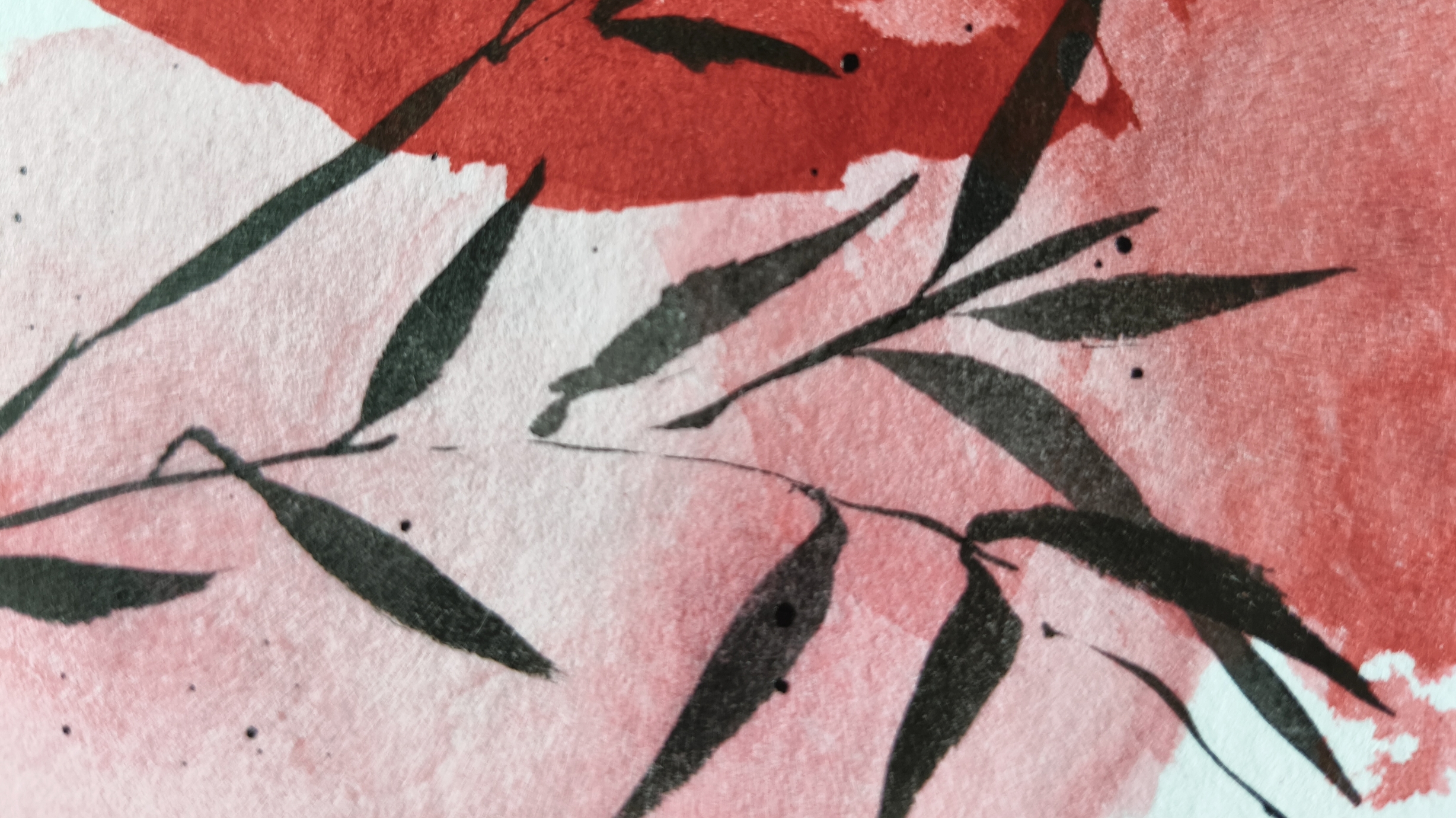 Detailausschnitt des Originalkunstwerks „silence“ mit Bambusblättern in schwarzer Tusche und roten Kreisformen als Anklang an Sonne und Mond – Kunst von Barbara Ossberger