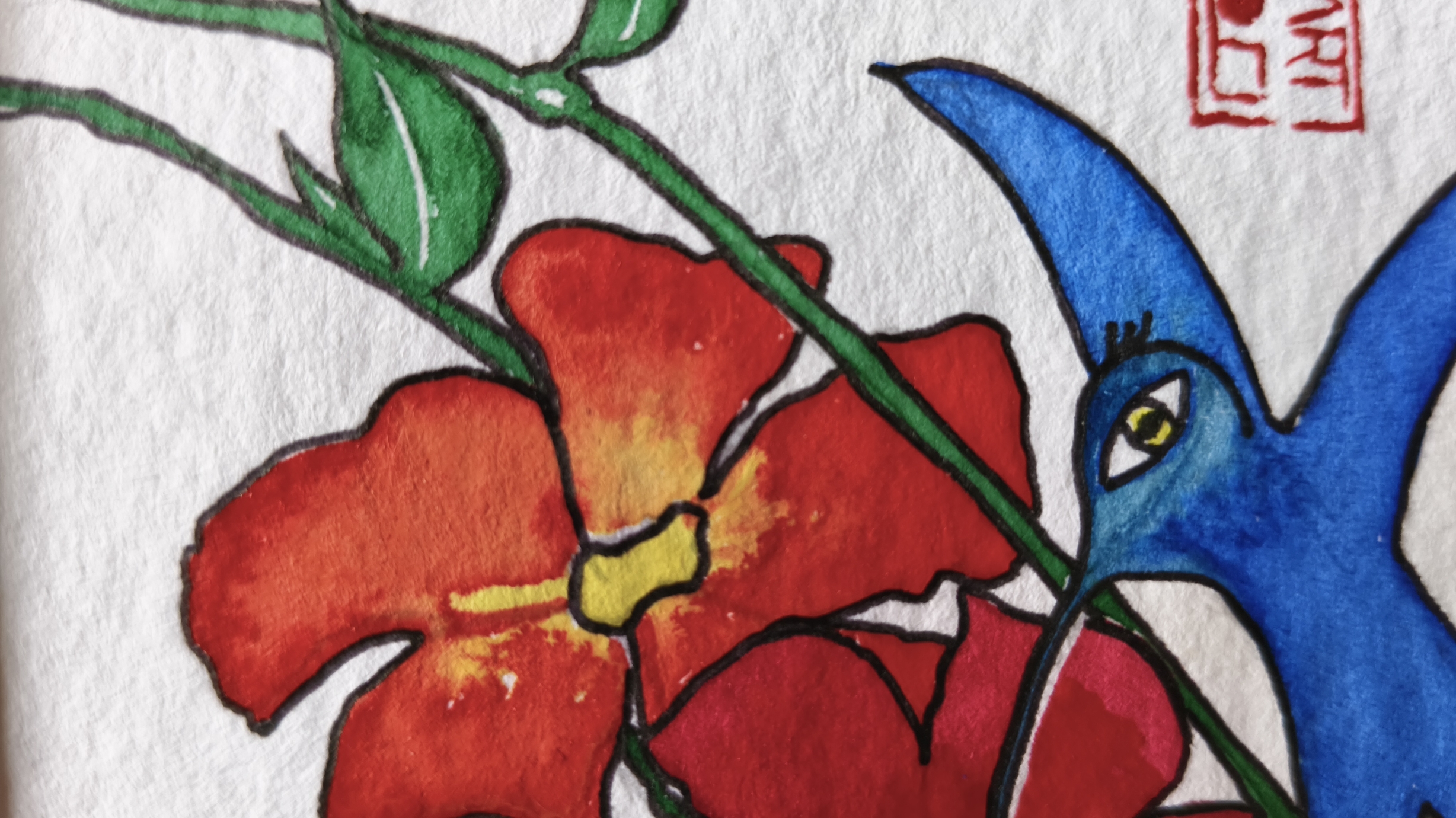 Colibri mit gelben, roten und blauen Primärfarben und schwarzer Tusche im Kunstwerk „delicious“ von Barbara Ossberger